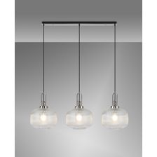 Angela Linear 3 Light Pendant E27, Polished Nickel/Matt Black With 30cm Pumpkin Shaped Ribbed Clear Glass